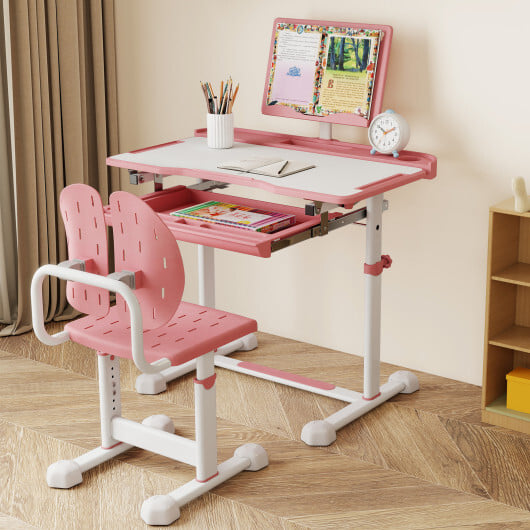 Kid's Study Desk and Chair Set with Tilt Desktop and Book Stand-Pink - Color: Pink - Image 2