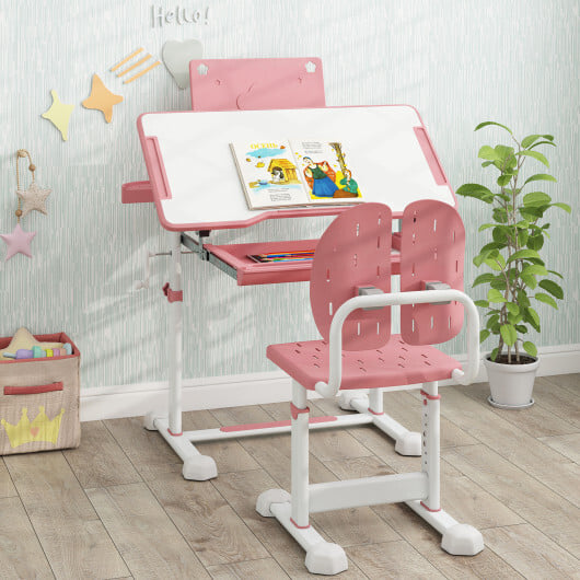 Kid's Study Desk and Chair Set with Tilt Desktop and Book Stand-Pink - Color: Pink - Image 3