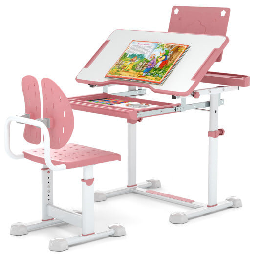Kid's Study Desk and Chair Set with Tilt Desktop and Book Stand-Pink - Color: Pink - Image 4