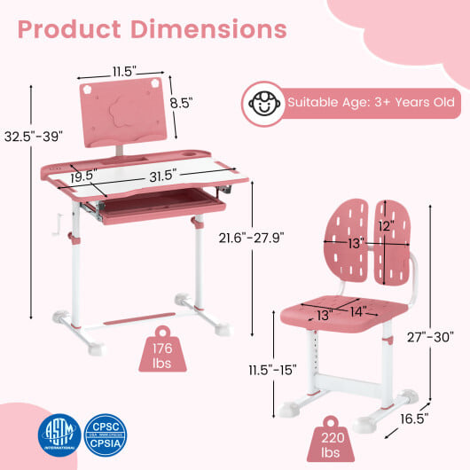 Kid's Study Desk and Chair Set with Tilt Desktop and Book Stand-Pink - Color: Pink - Image 5