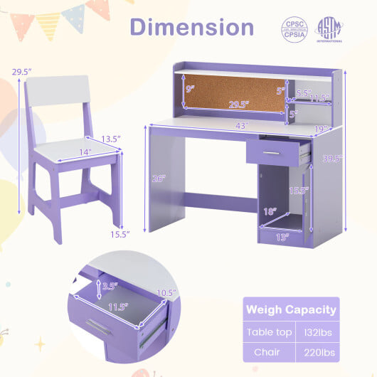 Kids Study Desk and Chair Set Student Table and Chair-Purple - Color: Purple - Image 5