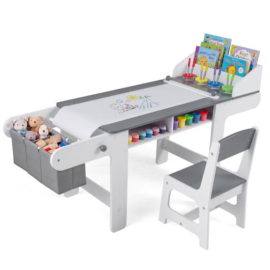 Kids Art Table and Chair with Paper Roll and Fabric Bins for Drawing Reading Studying Playing-Gray - Color: Gray