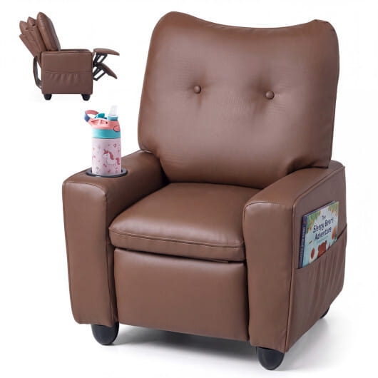 Kids Recliner with Cup Holder Armrests and Adjustable Backrest for Playroom-Brown - Color: Brown