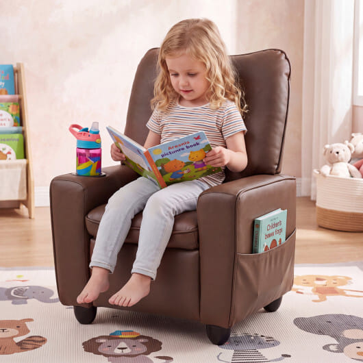 Kids Recliner with Cup Holder Armrests and Adjustable Backrest for Playroom-Brown - Color: Brown - Image 2