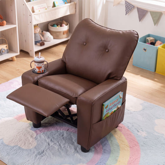 Kids Recliner with Cup Holder Armrests and Adjustable Backrest for Playroom-Brown - Color: Brown - Image 3