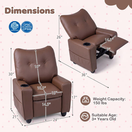 Kids Recliner with Cup Holder Armrests and Adjustable Backrest for Playroom-Brown - Color: Brown - Image 5