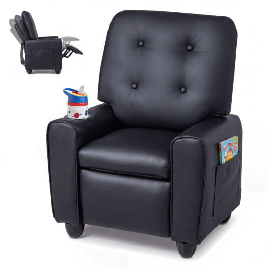 Kids Recliner with Cup Holder & Armrests and Adjustable Backrest Footrest-Black - Color: Black