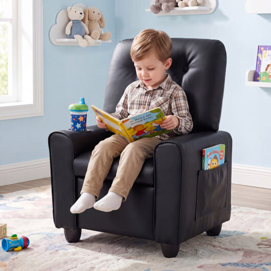 Kids Recliner with Cup Holder & Armrests and Adjustable Backrest Footrest-Black - Color: Black - Image 2