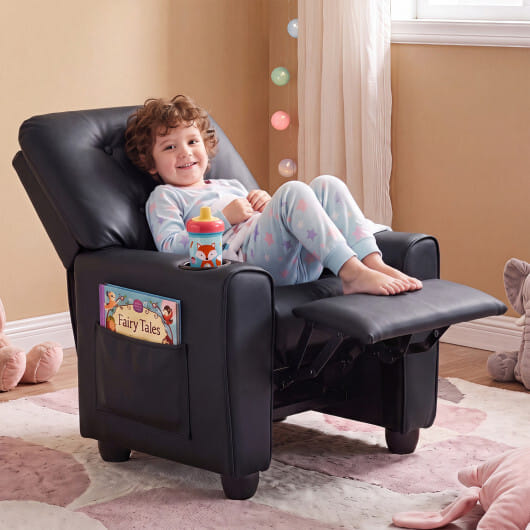 Kids Recliner with Cup Holder & Armrests and Adjustable Backrest Footrest-Black - Color: Black - Image 3