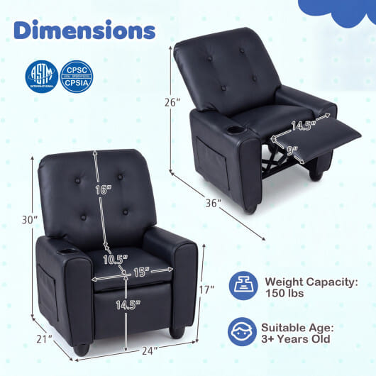Kids Recliner with Cup Holder & Armrests and Adjustable Backrest Footrest-Black - Color: Black - Image 4