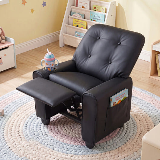 Kids Recliner with Cup Holder & Armrests and Adjustable Backrest Footrest-Black - Color: Black - Image 5
