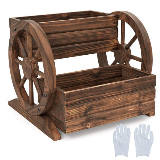 2-Tier Raised Garden Bed Rustic Wood Wagon Shape with Drainage Holes and Wheels-Coffee - Color: Coffee - Size: 2-Tier