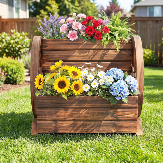 2-Tier Raised Garden Bed Rustic Wood Wagon Shape with Drainage Holes and Wheels-Coffee - Color: Coffee - Size: 2-Tier - Image 2