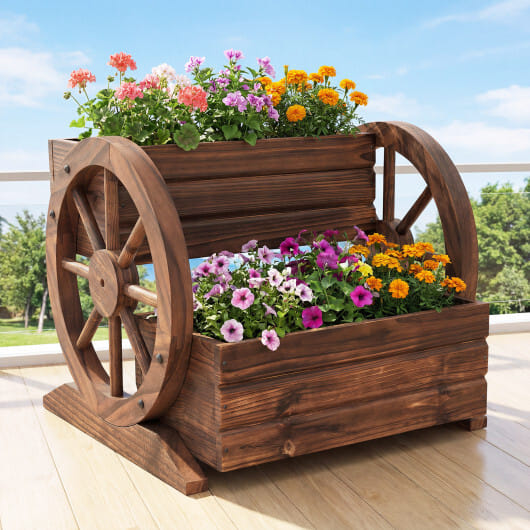 2-Tier Raised Garden Bed Rustic Wood Wagon Shape with Drainage Holes and Wheels-Coffee - Color: Coffee - Size: 2-Tier - Image 3