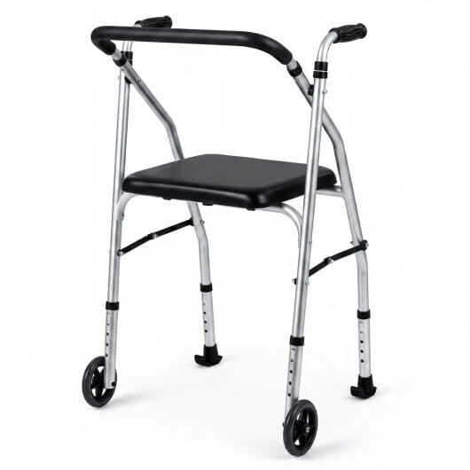 Lightweight Aluminum Mobility Walker for Seniors with 2 Wheels 5-Level Adjustable Height and Padded Seat-Sliver - Color: Silver