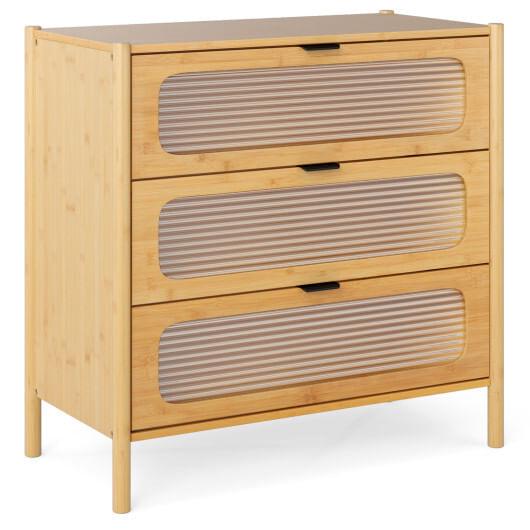 3 Drawer Mid Century Modern Chest of Drawers with Reeded Tempered Glass Front-Na