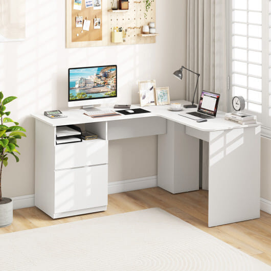 L-Shaped Computer Desk with Letter File Drawer-White - Color: White - Image 2