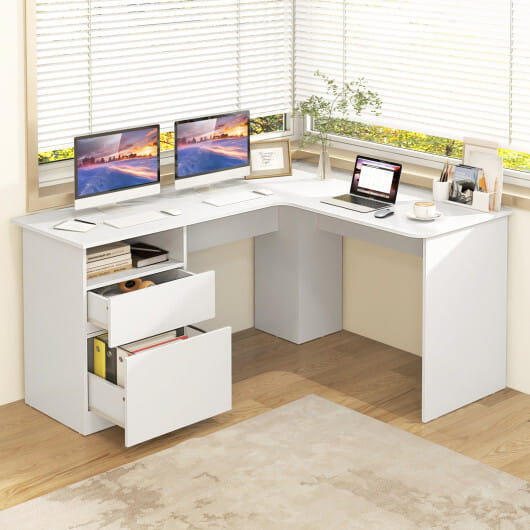 L-Shaped Computer Desk with Letter File Drawer-White - Color: White - Image 3