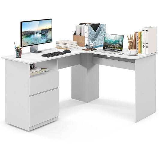 L-Shaped Computer Desk with Letter File Drawer-White - Color: White - Image 4