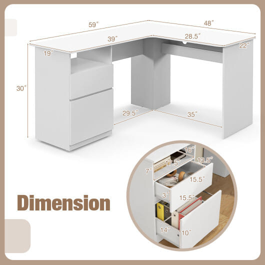 L-Shaped Computer Desk with Letter File Drawer-White - Color: White - Image 5