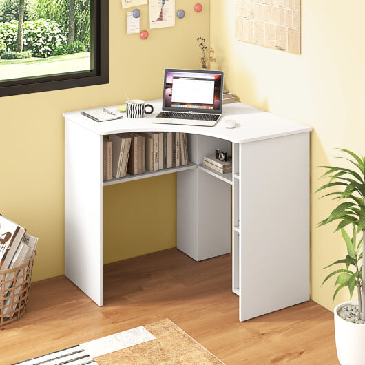 Corner Computer Desk Triangle Home Office Desk with Adjustable Shelf and Arc-Shaped Profile-White - Color: White - Image 2