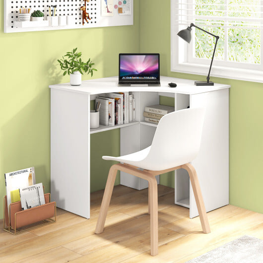 Corner Computer Desk Triangle Home Office Desk with Adjustable Shelf and Arc-Shaped Profile-White - Color: White - Image 3