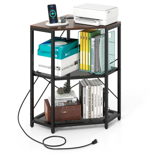 Corner Printer Stand with Power Outlet 3-Tier Storage Rack with Adjustable Shelf-Brown - Color: Rustic Brown