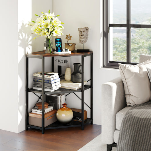 Corner Printer Stand with Power Outlet 3-Tier Storage Rack with Adjustable Shelf-Brown - Color: Rustic Brown - Image 2