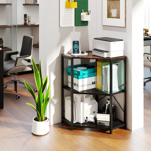Corner Printer Stand with Power Outlet 3-Tier Storage Rack with Adjustable Shelf-Brown - Color: Rustic Brown - Image 3