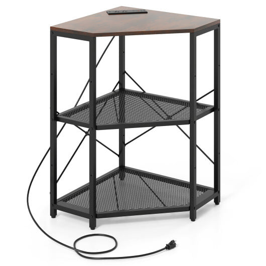 Corner Printer Stand with Power Outlet 3-Tier Storage Rack with Adjustable Shelf-Brown - Color: Rustic Brown - Image 4