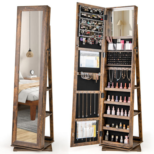 360 Swivel Jewelry Armoire Standing Jewelry Organizer with Full Length Mirror and Back Shelves-Rustic Brown - Color: Rustic Brown
