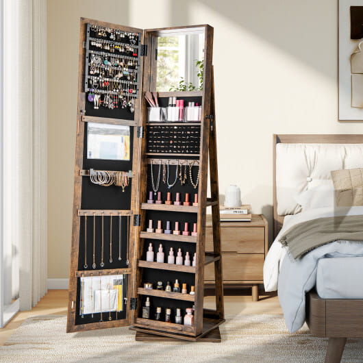 360 Swivel Jewelry Armoire Standing Jewelry Organizer with Full Length Mirror and Back Shelves-Rustic Brown - Color: Rustic Brown - Image 2