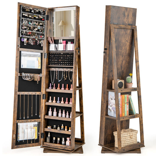 360 Swivel Jewelry Armoire Standing Jewelry Organizer with Full Length Mirror and Back Shelves-Rustic Brown - Color: Rustic Brown - Image 4
