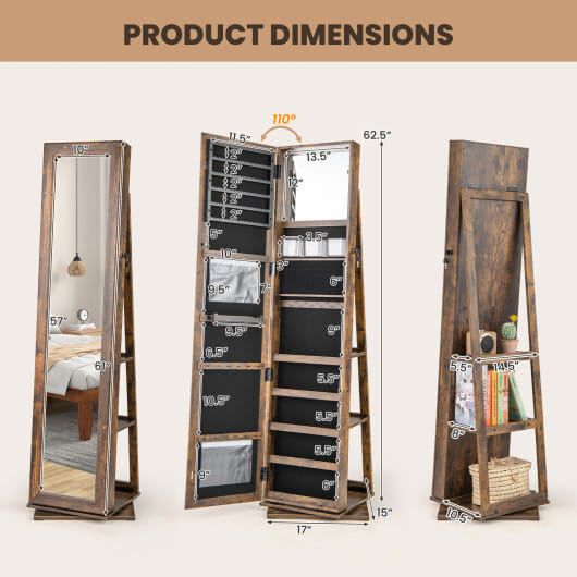 360 Swivel Jewelry Armoire Standing Jewelry Organizer with Full Length Mirror and Back Shelves-Rustic Brown - Color: Rustic Brown - Image 5