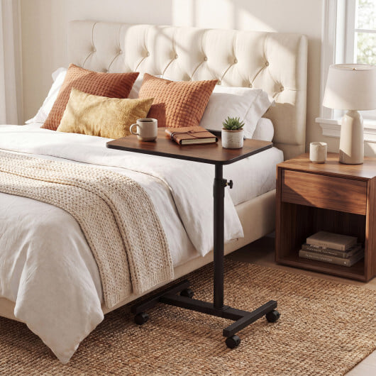 Over Bed Food Tray Small Rolling Computer Table-Walnut - Color: Walnut - Image 2