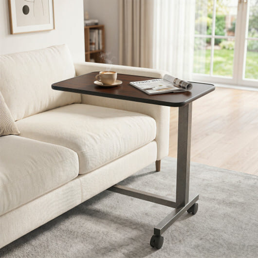 Overbed Table with Lockable Rolling Wheels and Sturdy H-Shaped Base for Hospital and Home Use-Walnut - Color: Walnut - Image 2