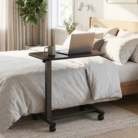 Overbed Table with Lockable Rolling Wheels and Sturdy H-Shaped Base for Hospital and Home Use-Walnut - Color: Walnut - Image 3