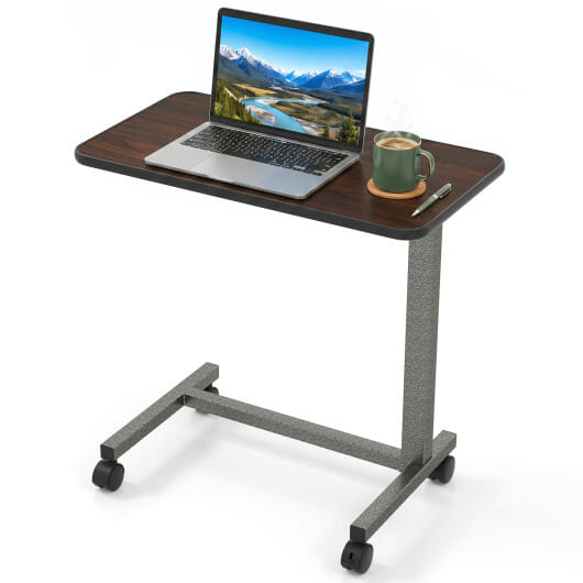 Overbed Table with Lockable Rolling Wheels and Sturdy H-Shaped Base for Hospital and Home Use-Walnut - Color: Walnut - Image 4
