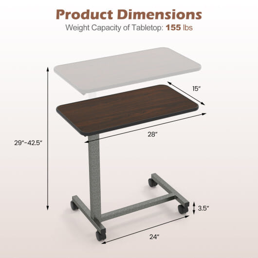 Overbed Table with Lockable Rolling Wheels and Sturdy H-Shaped Base for Hospital and Home Use-Walnut - Color: Walnut - Image 5