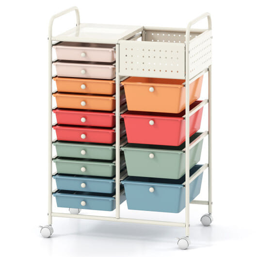 14-Drawer Rolling Storage Cart with Metal Tabletop and Pegboard-Macaron - Color: Macaron