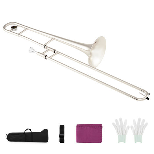 Slide Trombone for Beginners with Portable Case and Shoulder Strap-Silver - Color: Silver