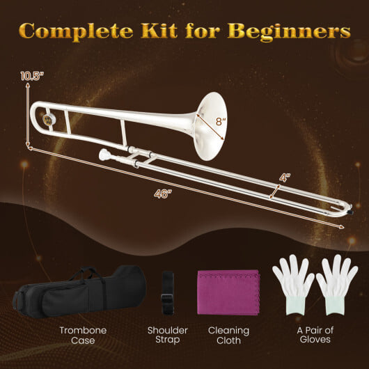Slide Trombone for Beginners with Portable Case and Shoulder Strap-Silver - Color: Silver - Image 5