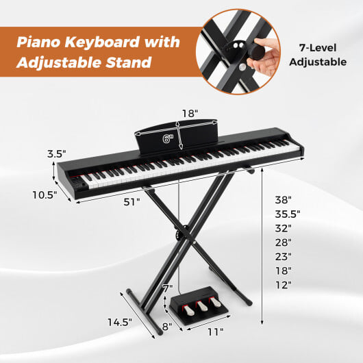 88-Key Keyboard Piano Set with Adjustable Stand-Black - Color: Black - Image 4