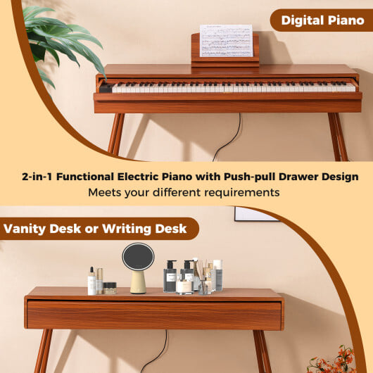 88-Key Graded Hammer Action Weighted Keyboard with Push-pull Drawer-Brown - Color: Brown - Image 4