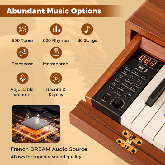 88-Key Graded Hammer Action Weighted Keyboard with Push-pull Drawer-Brown - Color: Brown - Image 5