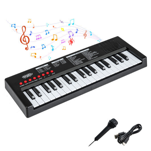 37 Keys Kids Piano Keyboard with 8 Rhythms and Microphone-Black - Color: Black