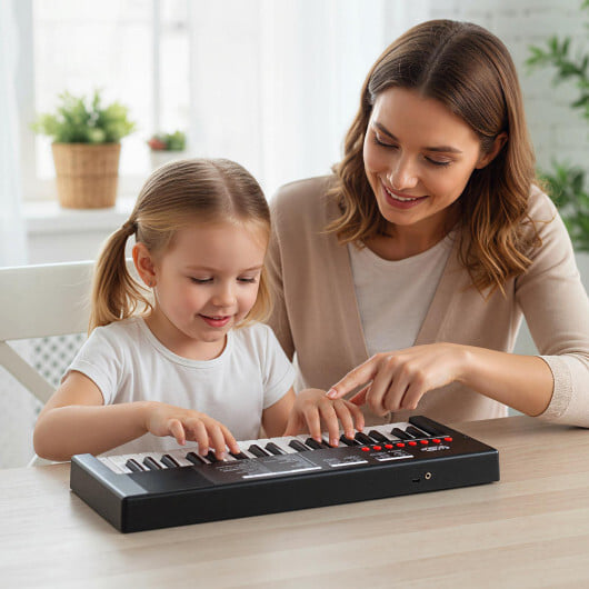 37 Keys Kids Piano Keyboard with 8 Rhythms and Microphone-Black - Color: Black - Image 2