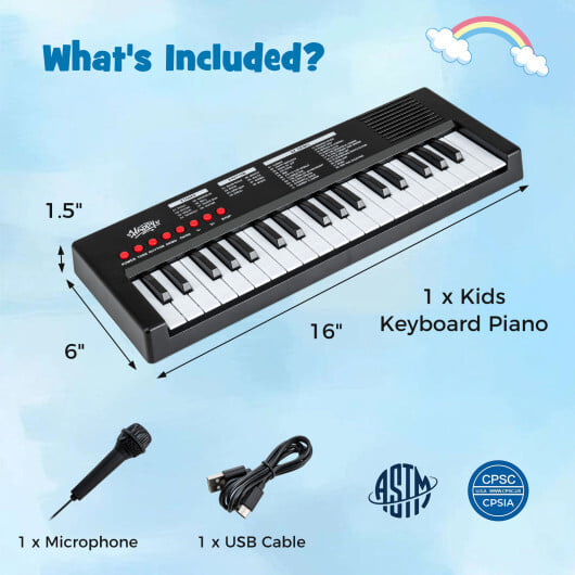 37 Keys Kids Piano Keyboard with 8 Rhythms and Microphone-Black - Color: Black - Image 5