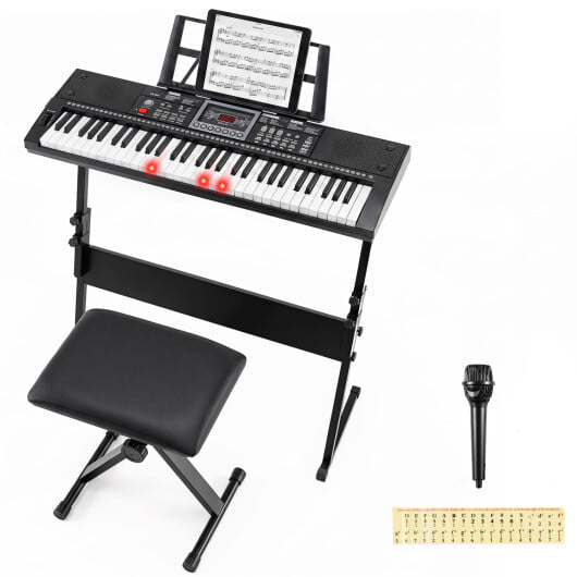 61 Key Keyboard Piano for Beginners with Stand Stool Lighted Keys-Black - Color: Black