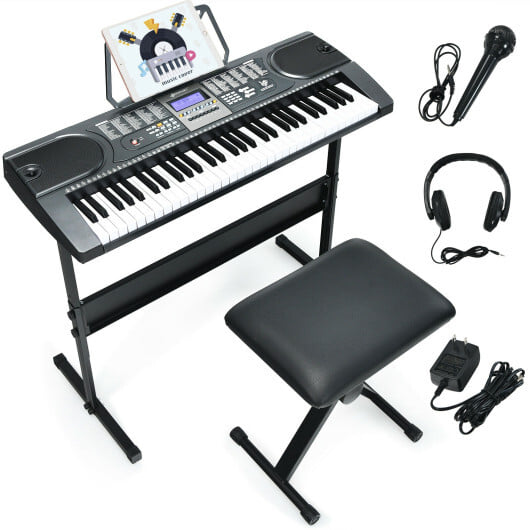 61-Key Electronic Keyboard Piano Starter Set with Stand Bench and Headphones - Color: Black